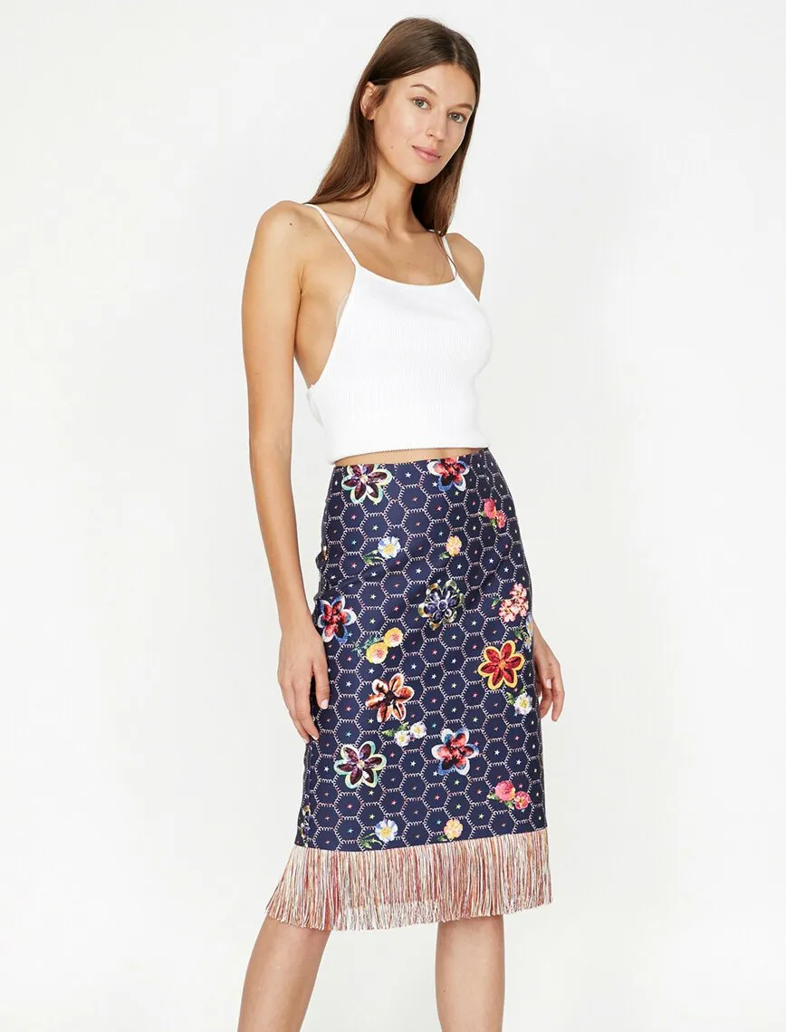 12314 Navy Tassel Detailed Floral Midi Skirt