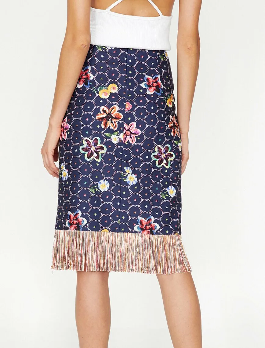 12314 Navy Tassel Detailed Floral Midi Skirt