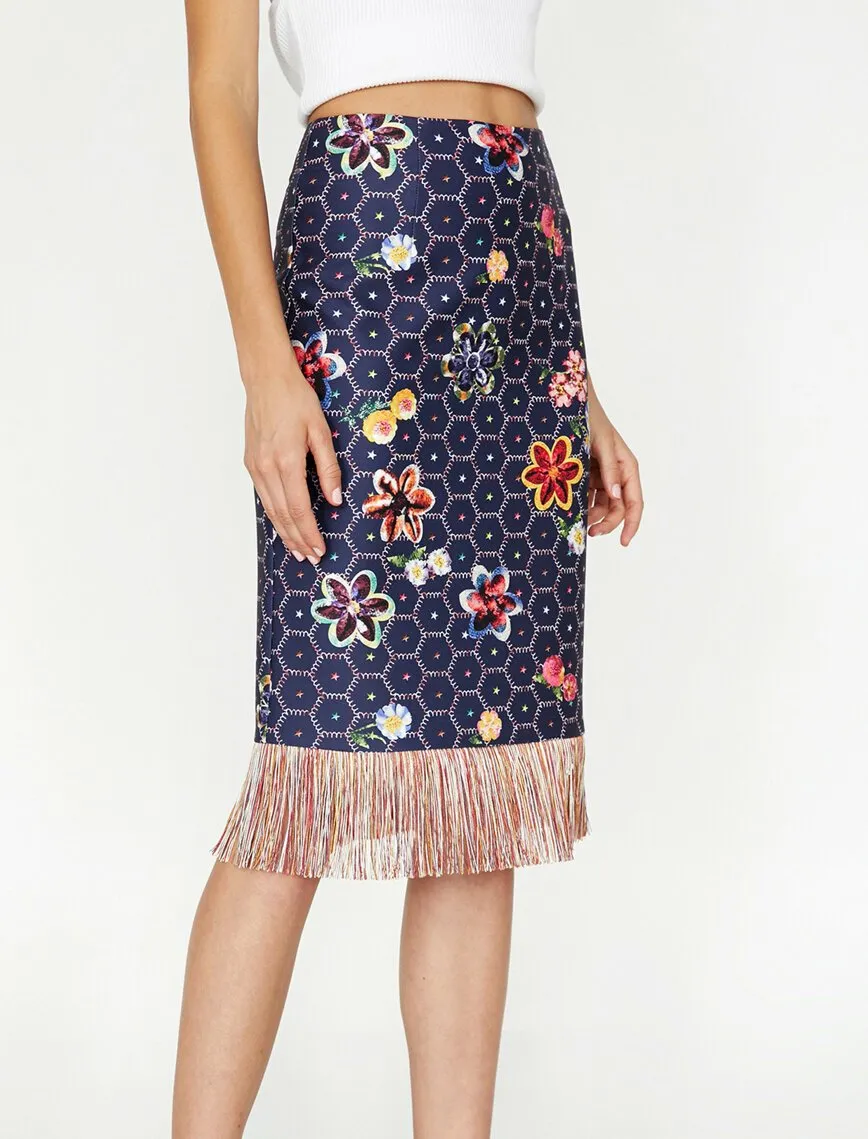 12314 Navy Tassel Detailed Floral Midi Skirt