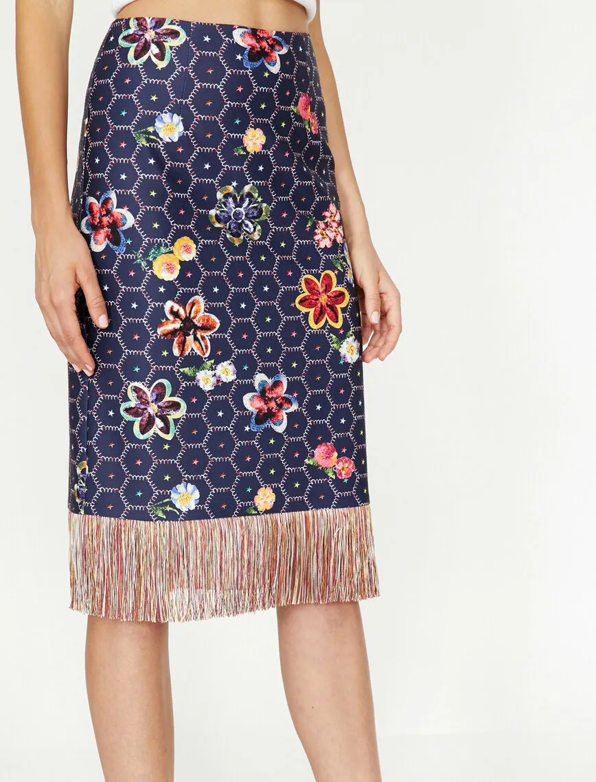 12314 Navy Tassel Detailed Floral Midi Skirt