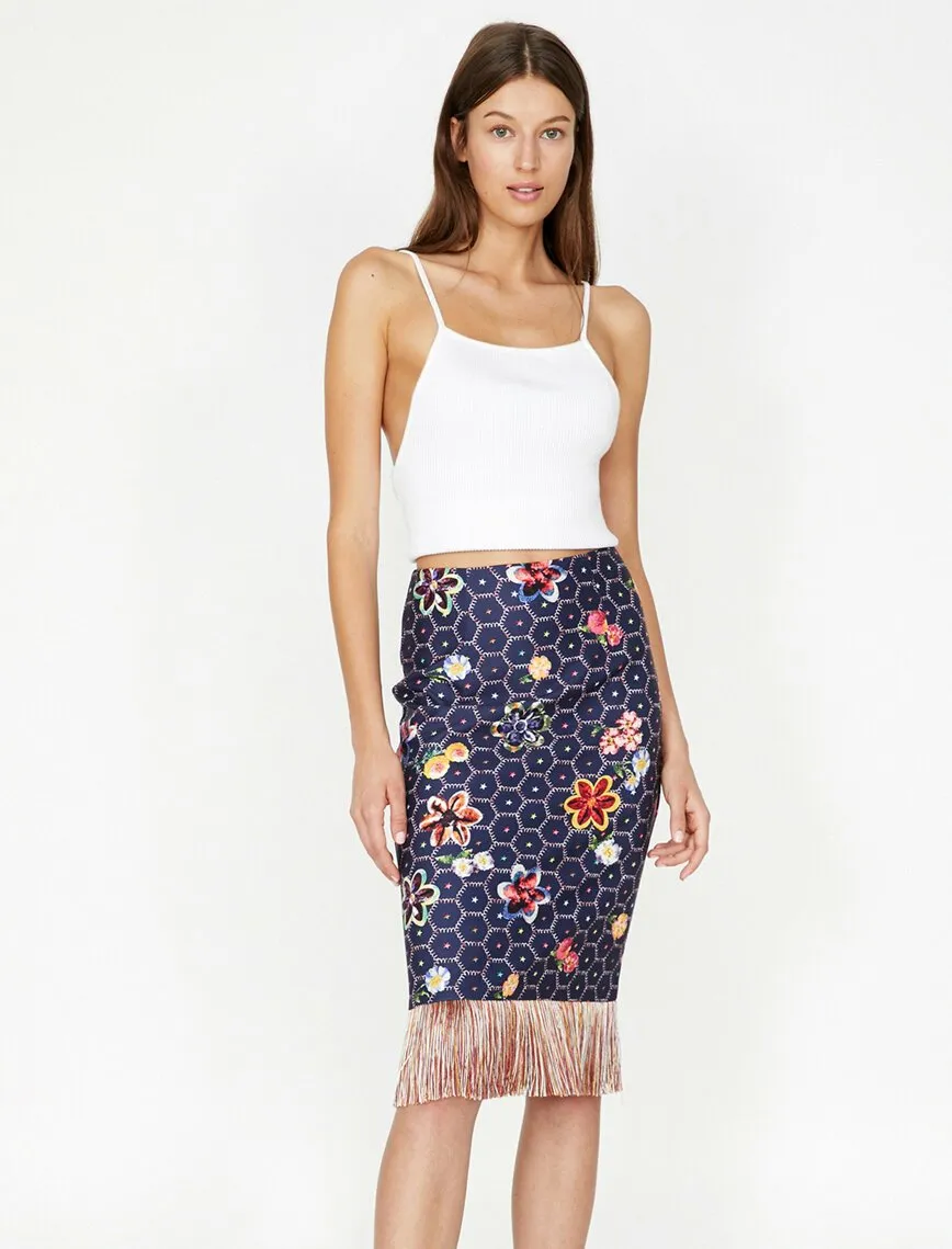 12314 Navy Tassel Detailed Floral Midi Skirt