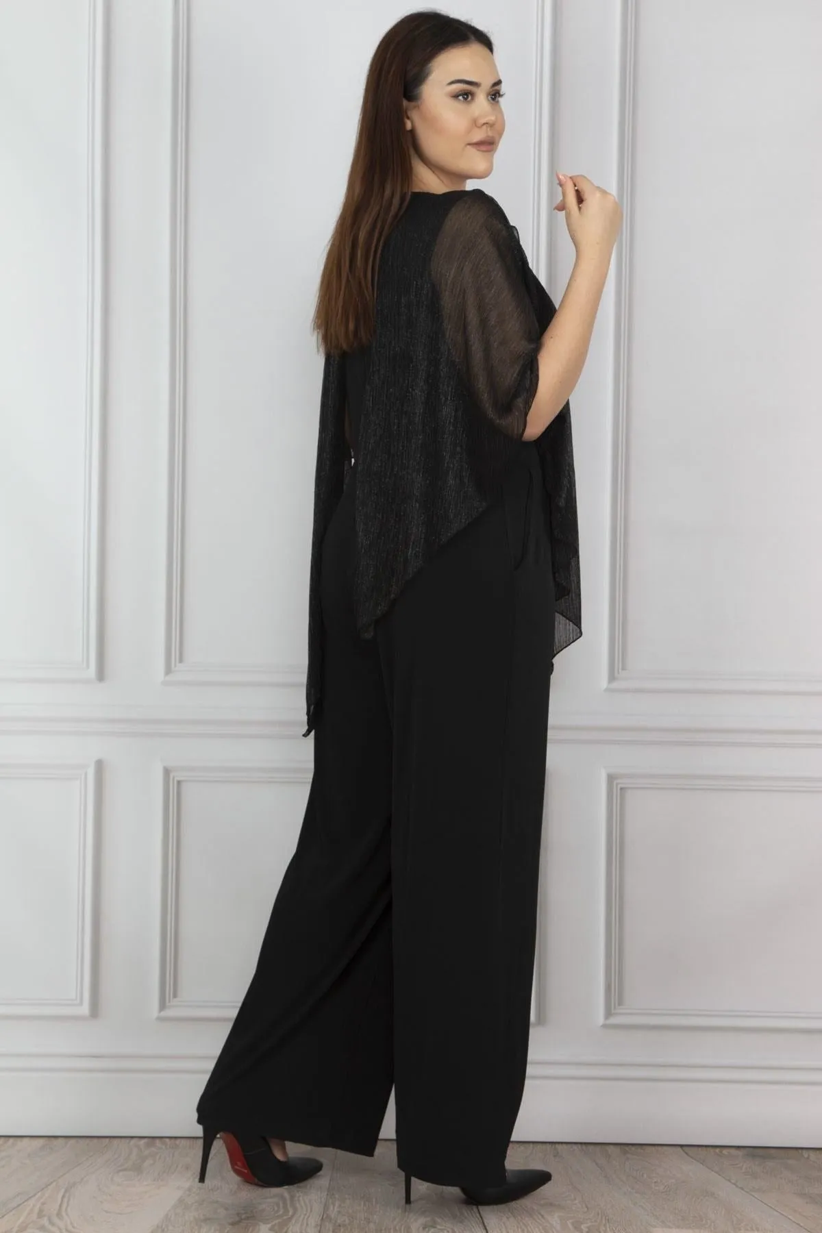 16163 Black Shimmer Cape Jumpsuit