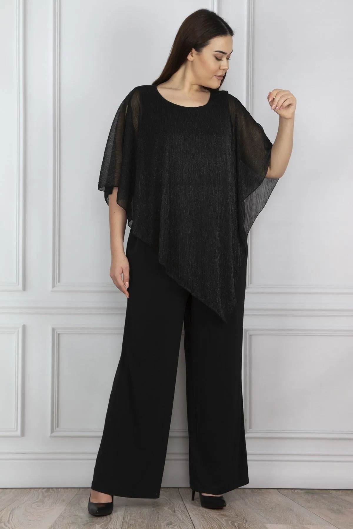 16163 Black Shimmer Cape Jumpsuit