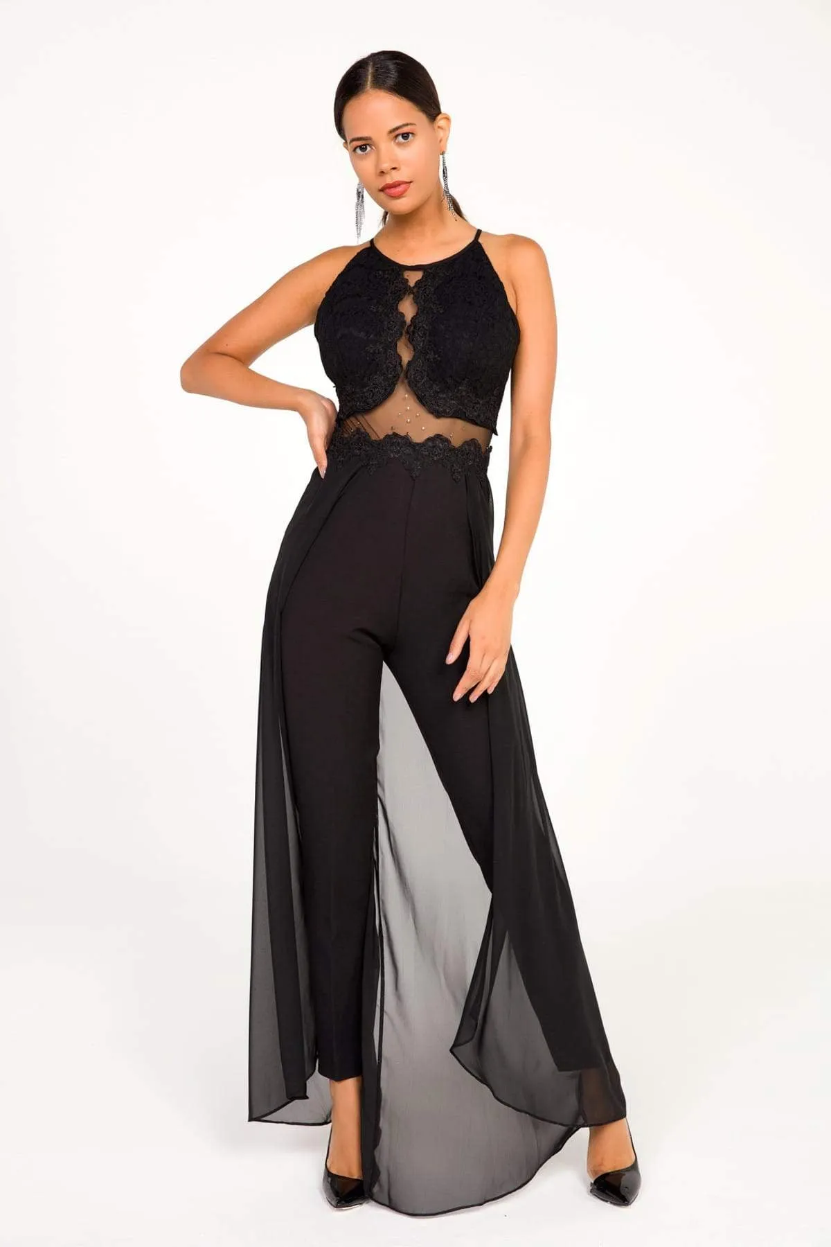 16274 Back Lace Top Chiffon Cape Jumpsuit