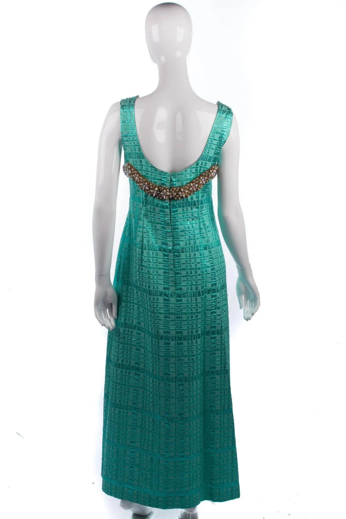 1950's Full Length Dress & Cape Metallic Green Brocade Size M