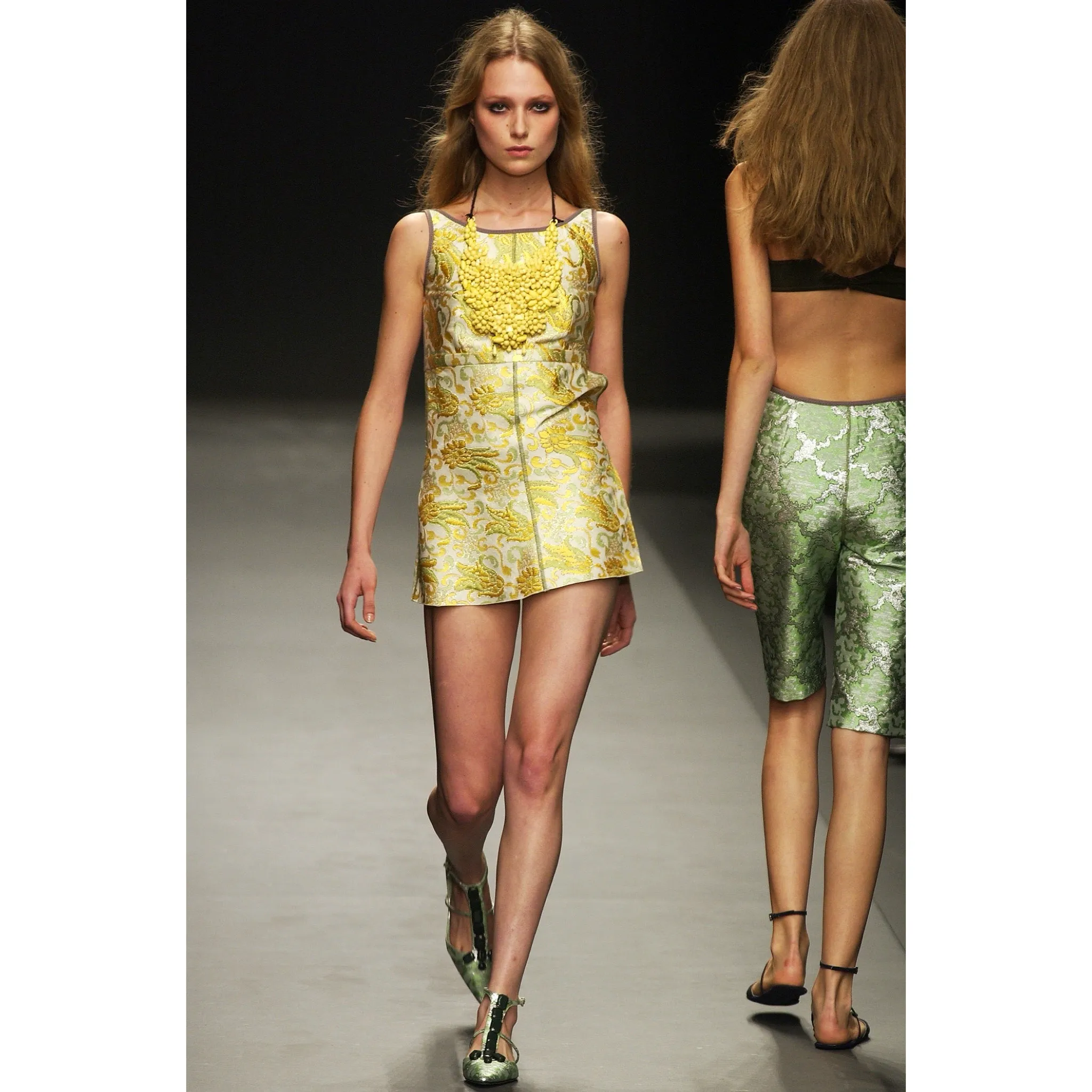 2003 Yellow and Green Silk Brocade Mini Skirt