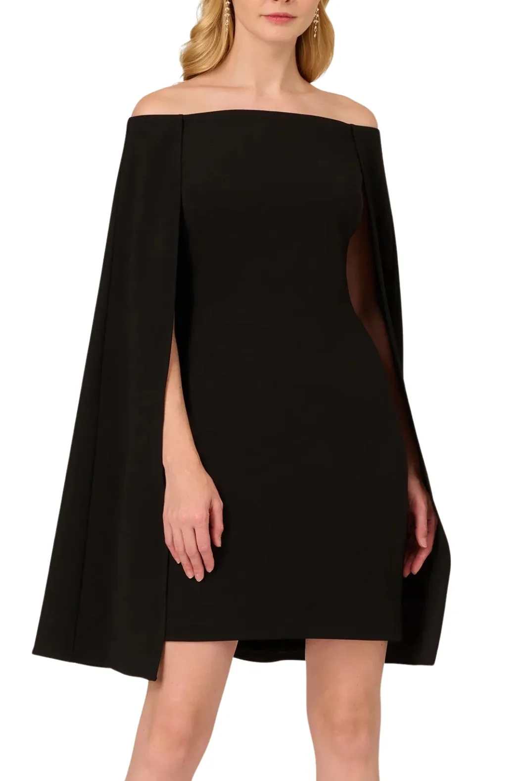 Adrianna Papell off shoulder cape sheath crepe dress