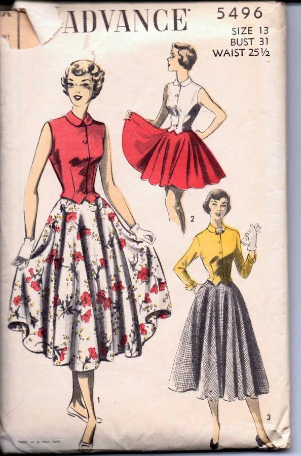 Advance 5496 Vintage 1940's Sewing Pattern Ladies Swing Street Length Skirt Sleeveless Blouse