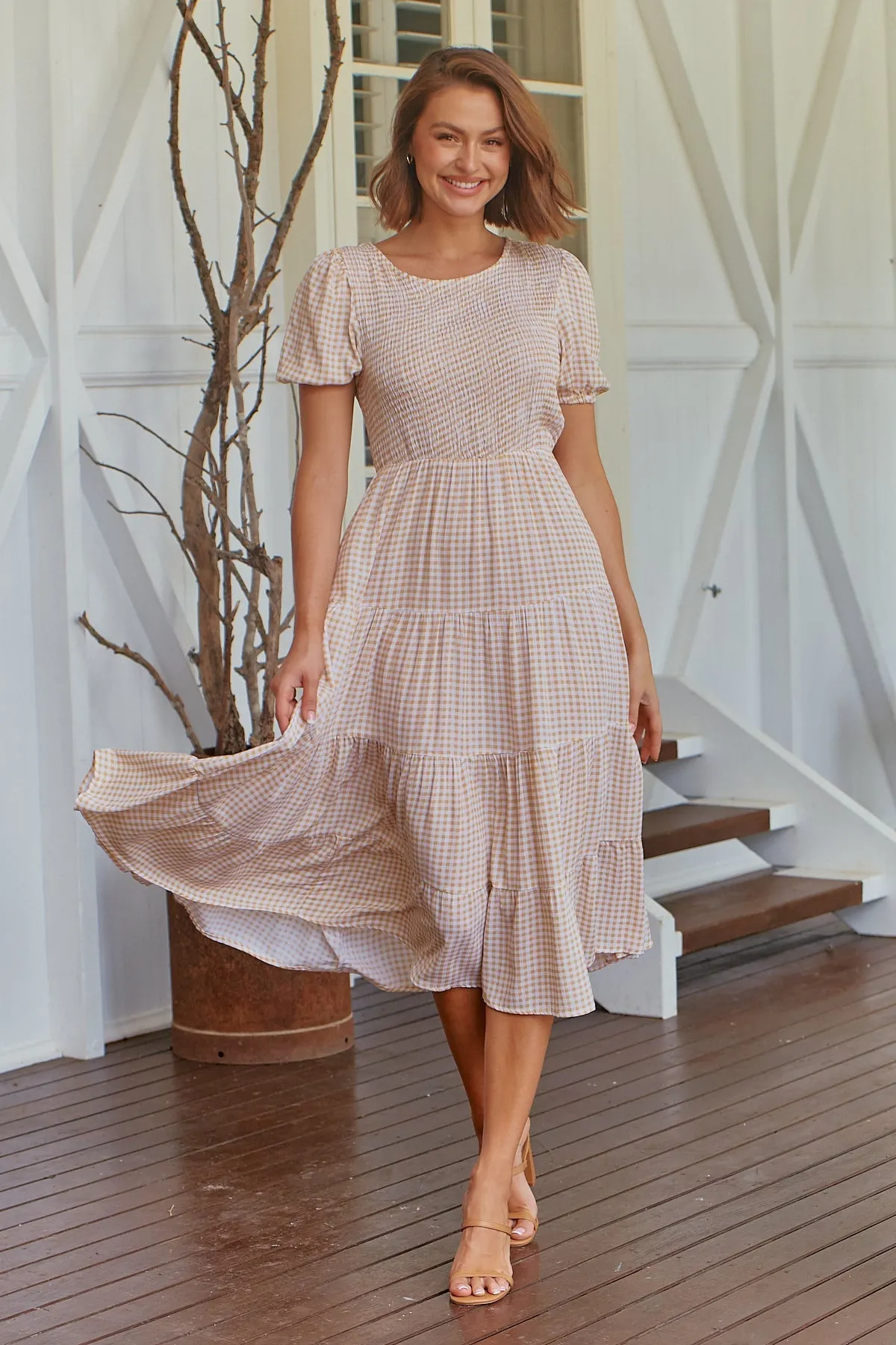 Alba Yellow Gingham Shirred Maxi Dress