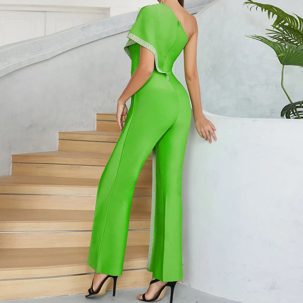 Asymmetrical One Shoulder Contrast Geometric Trim Wide Leg Bandage Jumpsuit