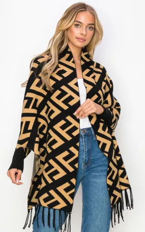 AV453 Abstract Pattern Accent Sleeve Cape Shawl with Fringe