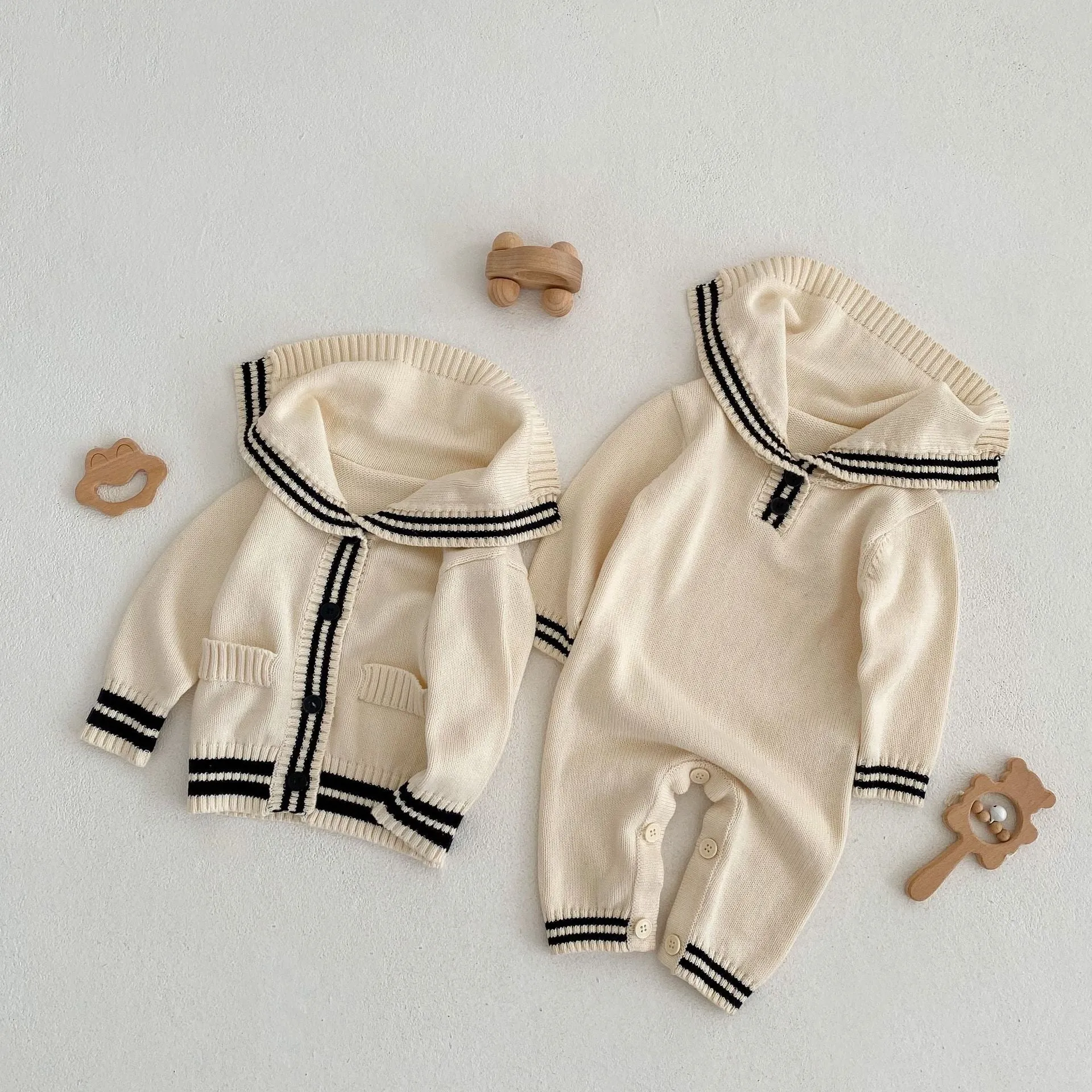 Baby Solid Color Sailor Style Knitted Lapel Cardigan & Jumpsuit Outfits by MyKids-USA™