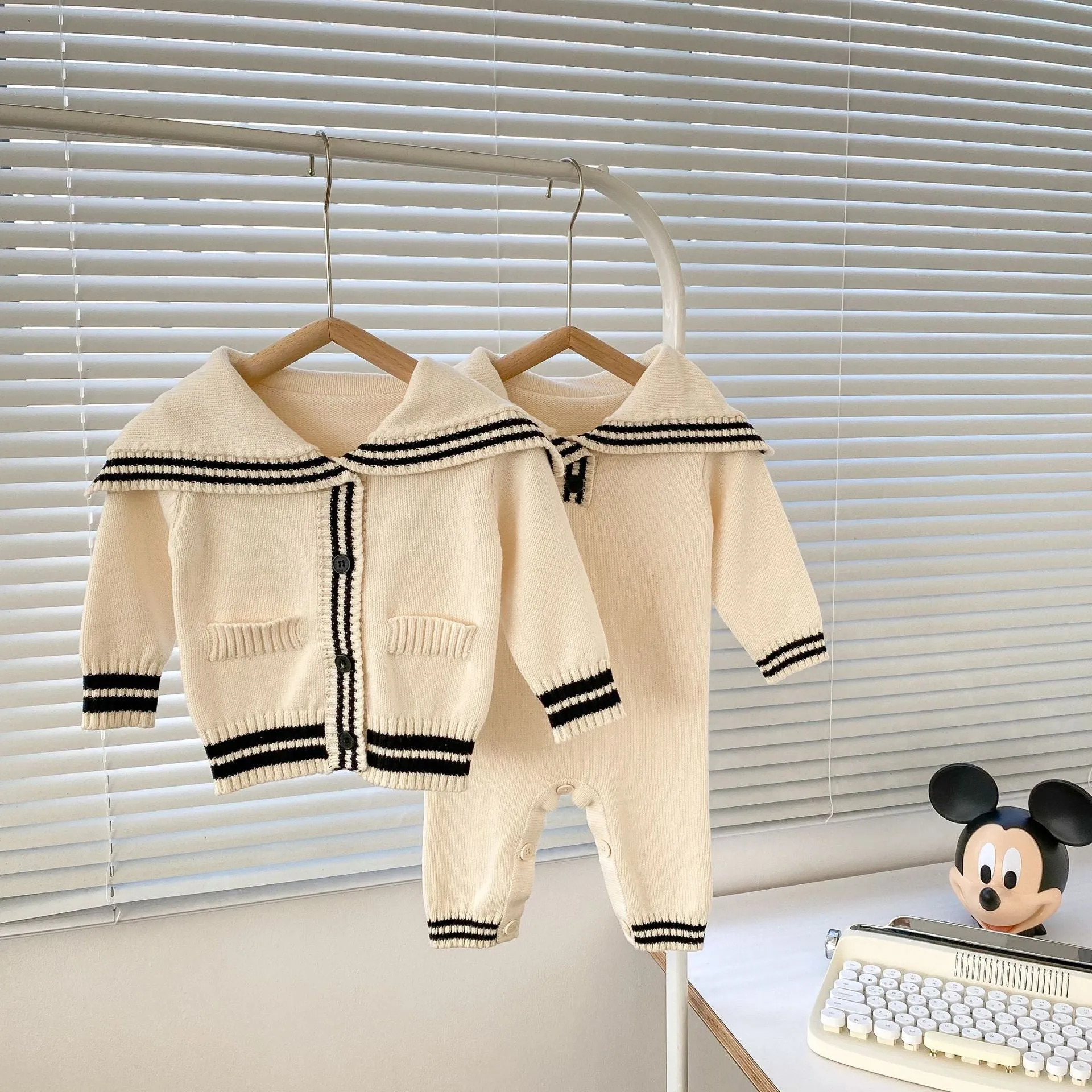 Baby Solid Color Sailor Style Knitted Lapel Cardigan & Jumpsuit Outfits by MyKids-USA™