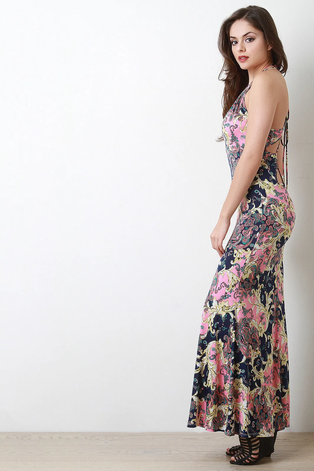 Baroque Paisley V-Neck Sleeveless Maxi Dress