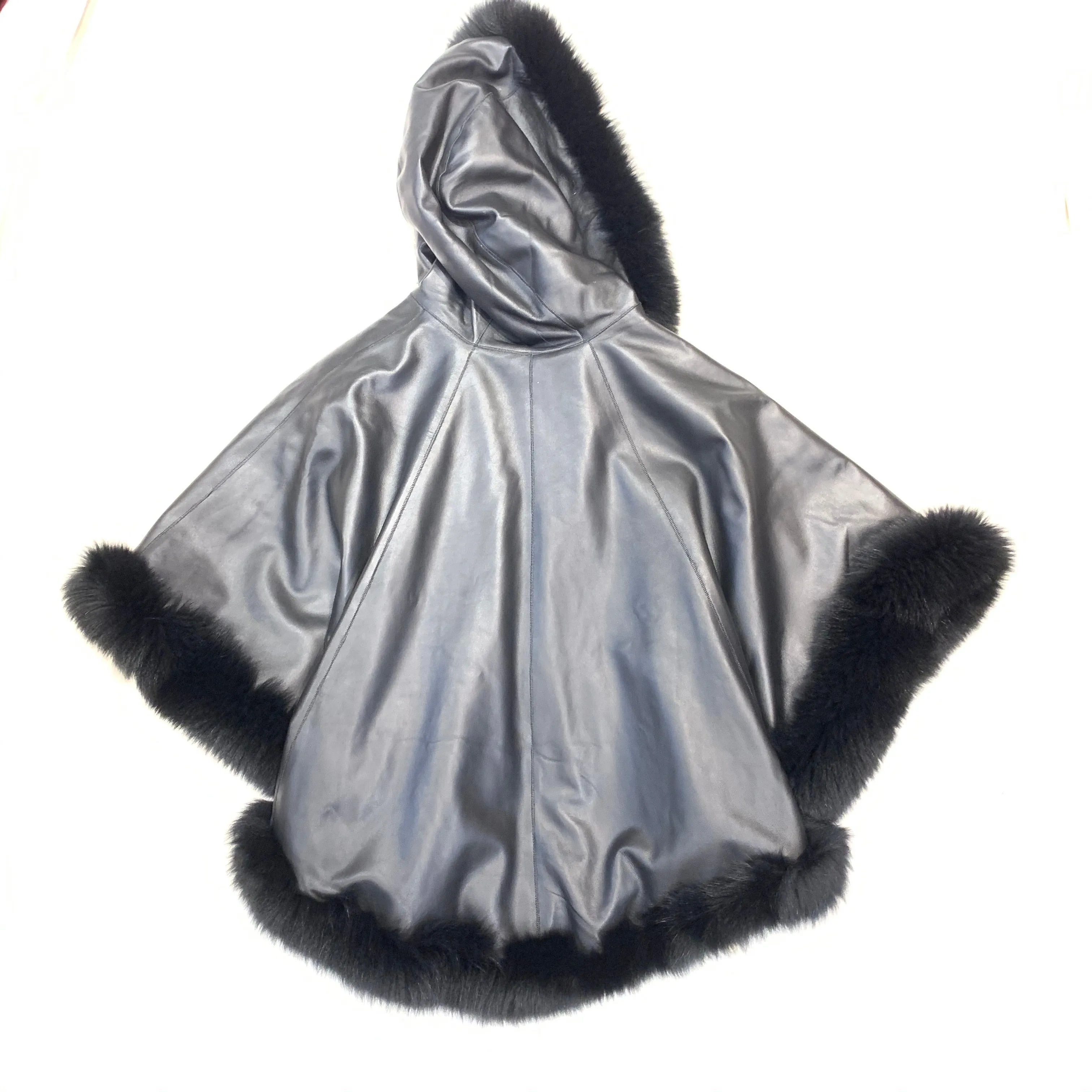 Barya NewYork Black Lambskin Hooded Fox Fur Reversible Poncho