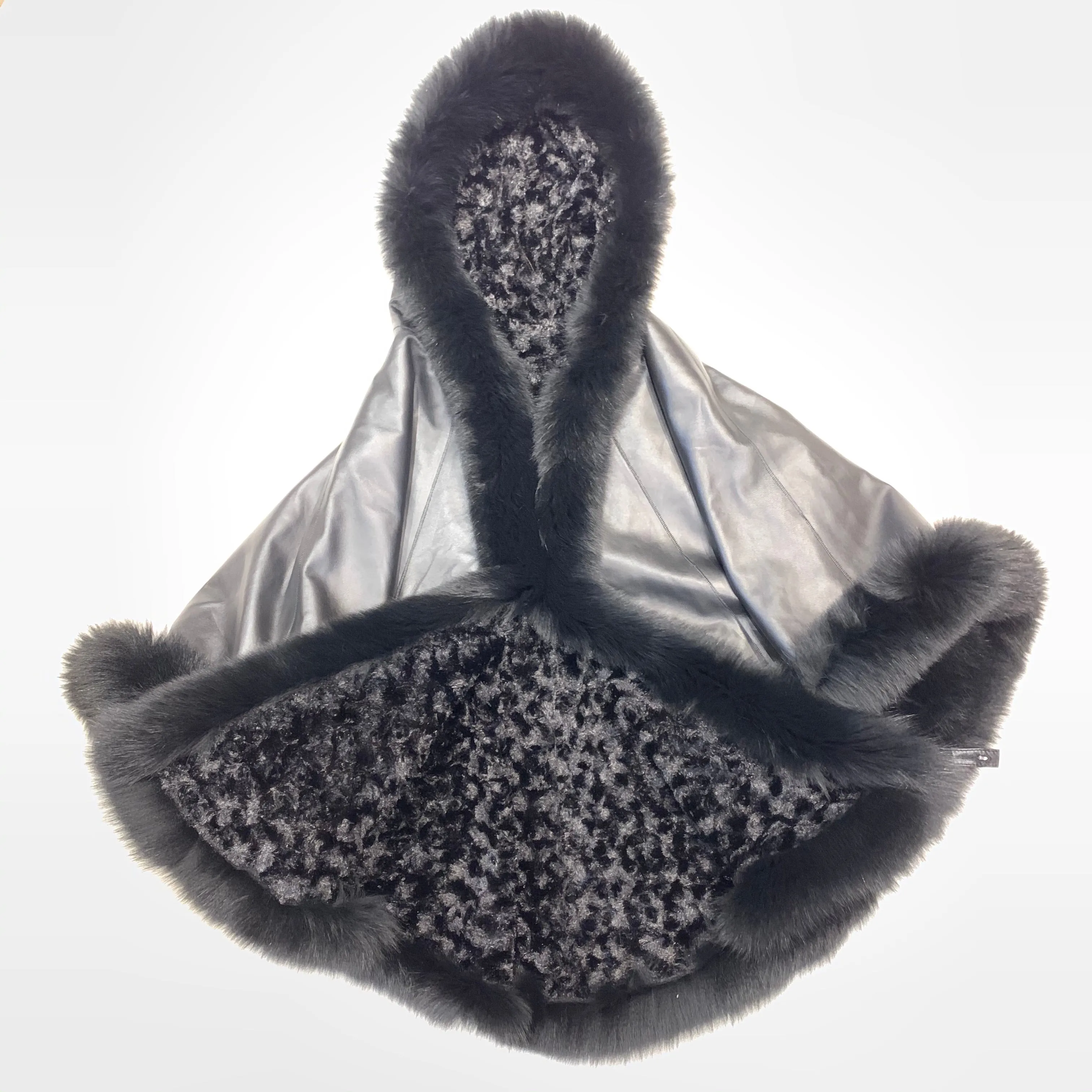 Barya NewYork Black Lambskin Hooded Fox Fur Reversible Poncho