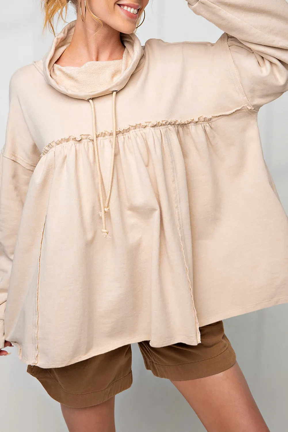 Beige Pullover Drawstring Cowl Neck Oversized Sweatshirt