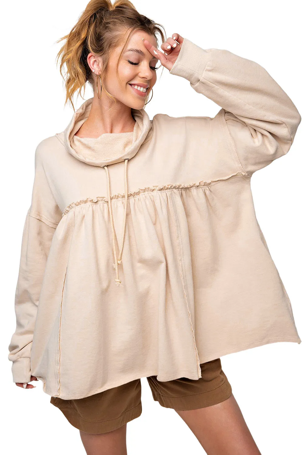 Beige Pullover Drawstring Cowl Neck Oversized Sweatshirt