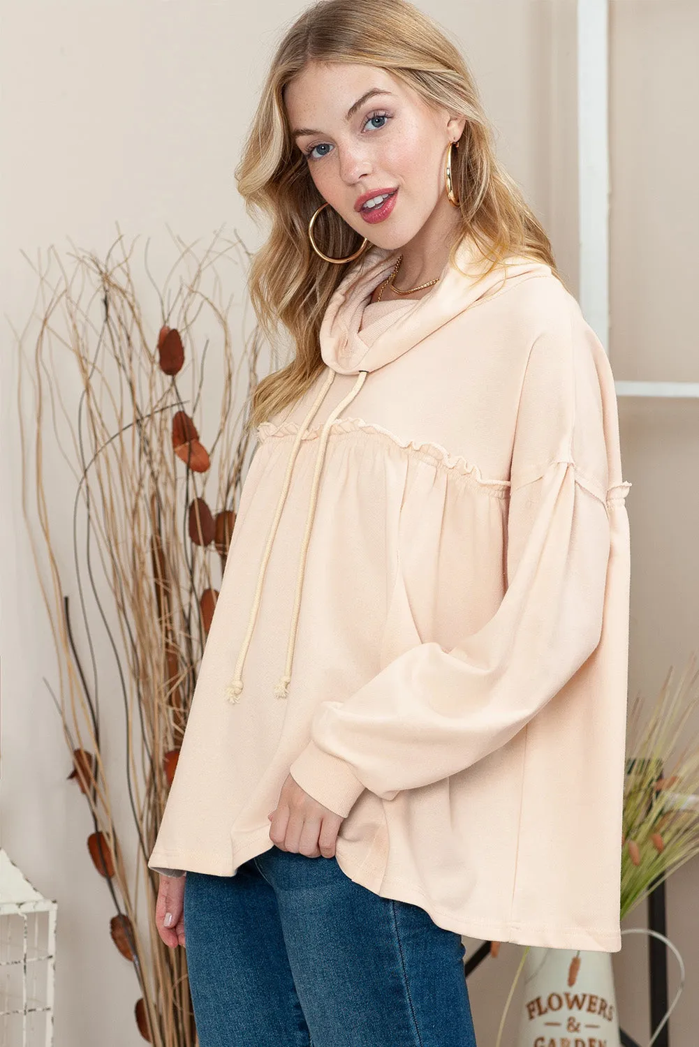 Beige Pullover Drawstring Cowl Neck Oversized Sweatshirt