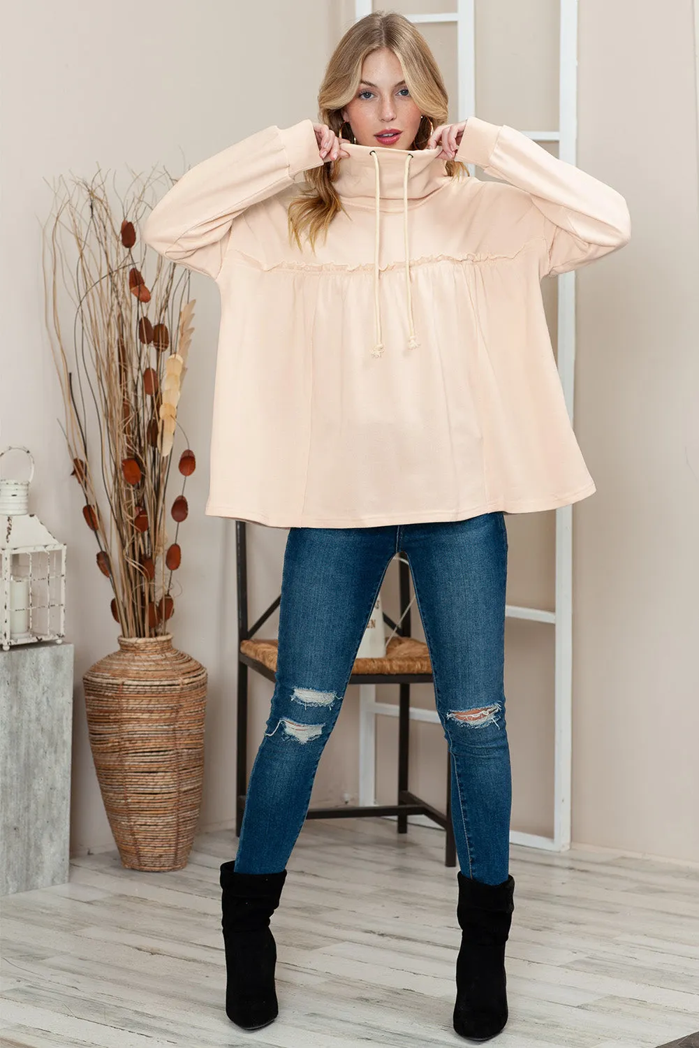 Beige Pullover Drawstring Cowl Neck Oversized Sweatshirt