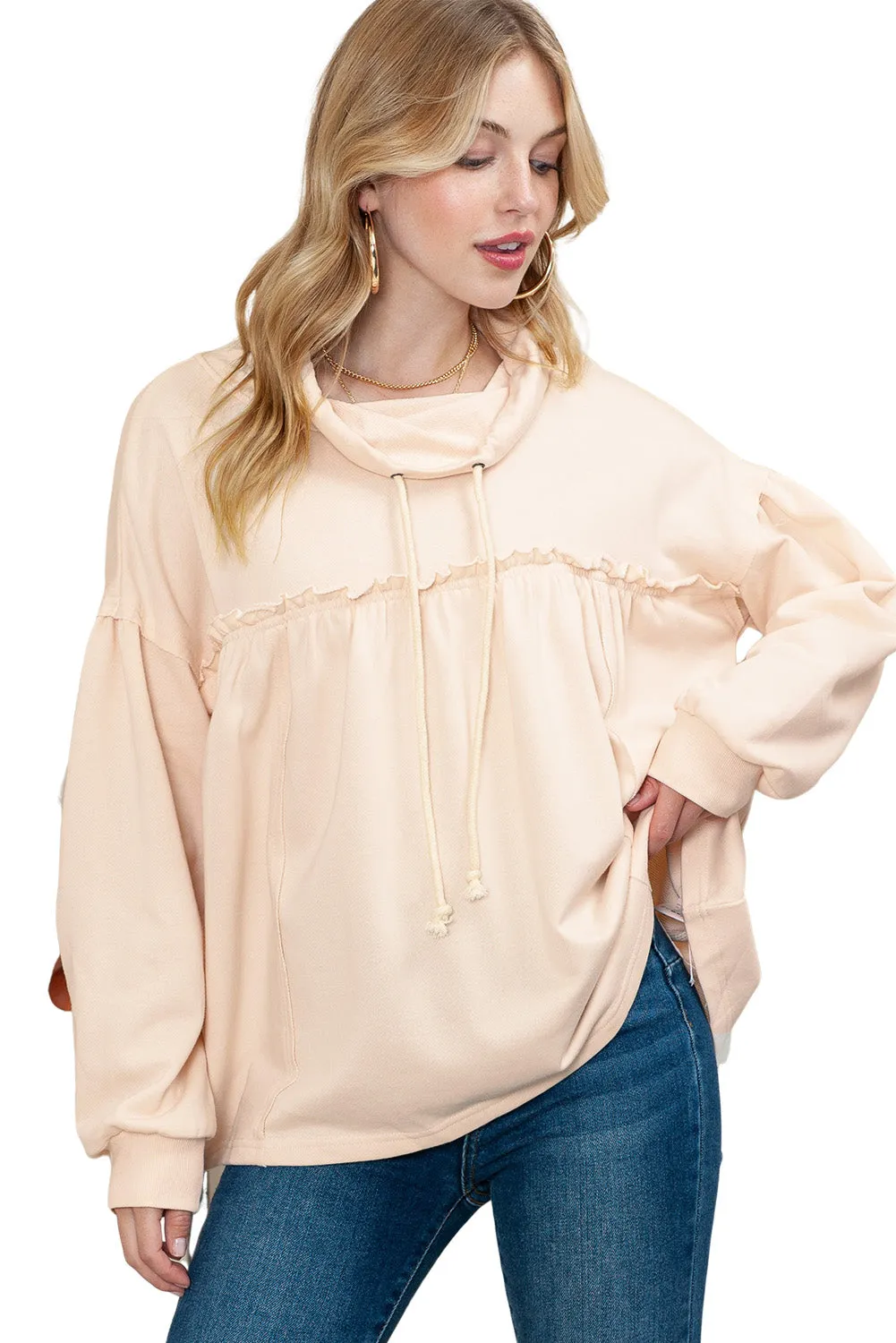 Beige Pullover Drawstring Cowl Neck Oversized Sweatshirt