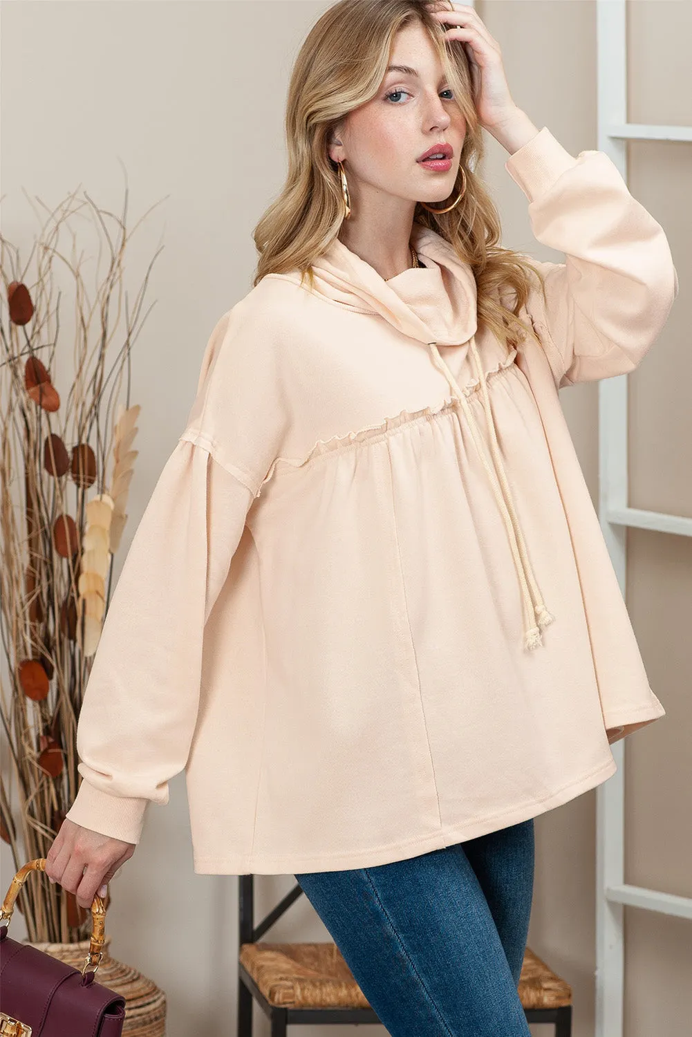 Beige Pullover Drawstring Cowl Neck Oversized Sweatshirt