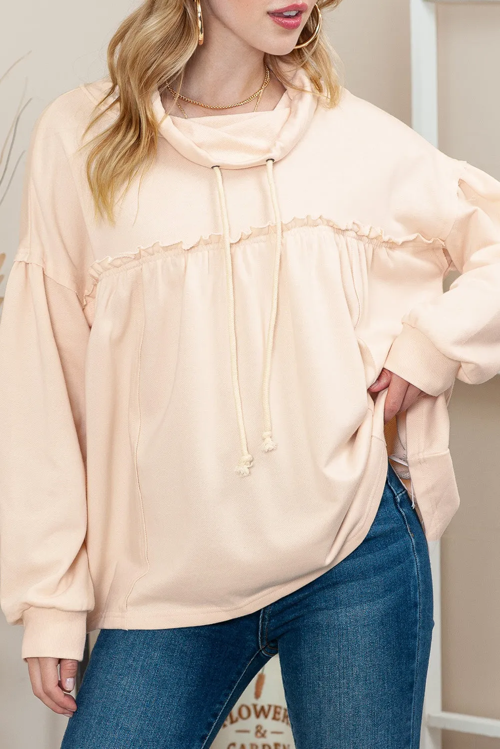 Beige Pullover Drawstring Cowl Neck Oversized Sweatshirt