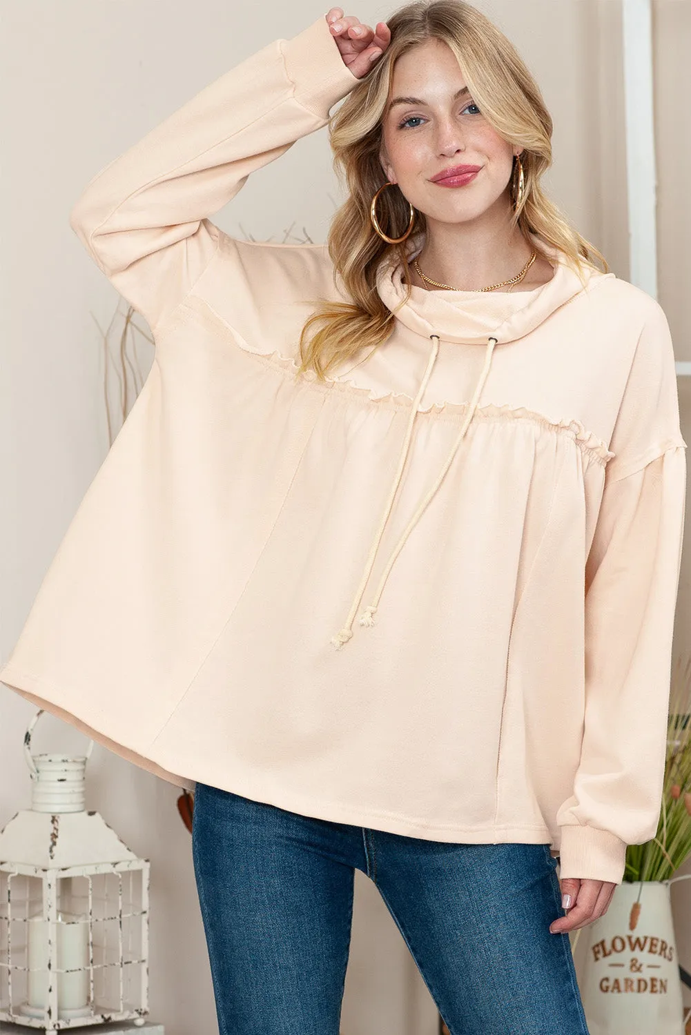 Beige Pullover Drawstring Cowl Neck Oversized Sweatshirt