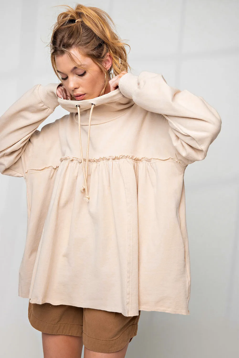 Beige Pullover Drawstring Cowl Neck Oversized Sweatshirt