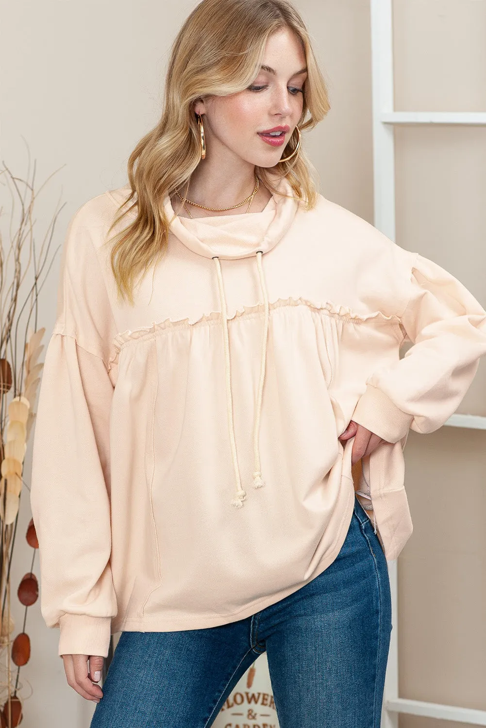 Beige Pullover Drawstring Cowl Neck Oversized Sweatshirt