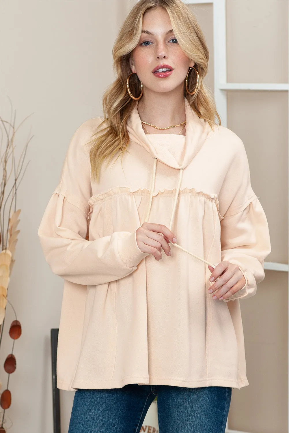 Beige Pullover Drawstring Cowl Neck Oversized Sweatshirt