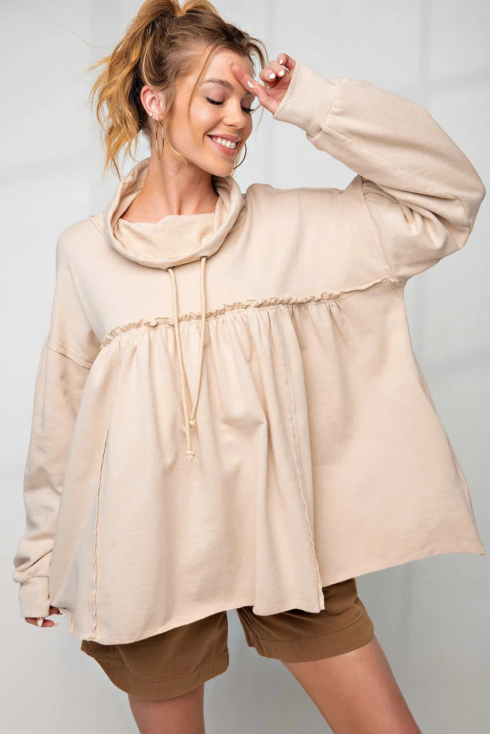 Beige Pullover Drawstring Cowl Neck Oversized Sweatshirt