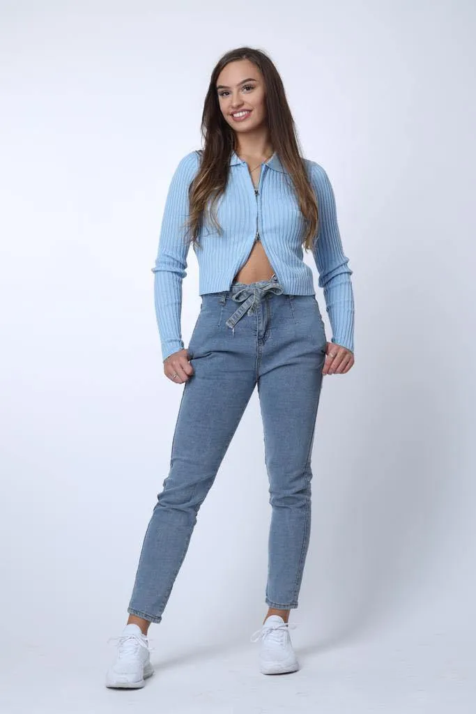 Belted High Waist Jeans in Blue