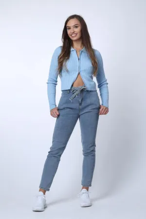 Belted High Waist Jeans in Blue