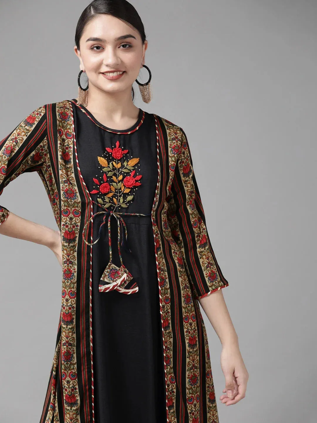 Black & Red Solid Embroidered Dress