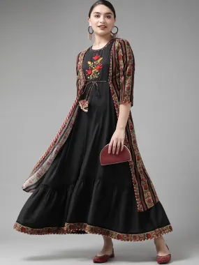 Black & Red Solid Embroidered Dress