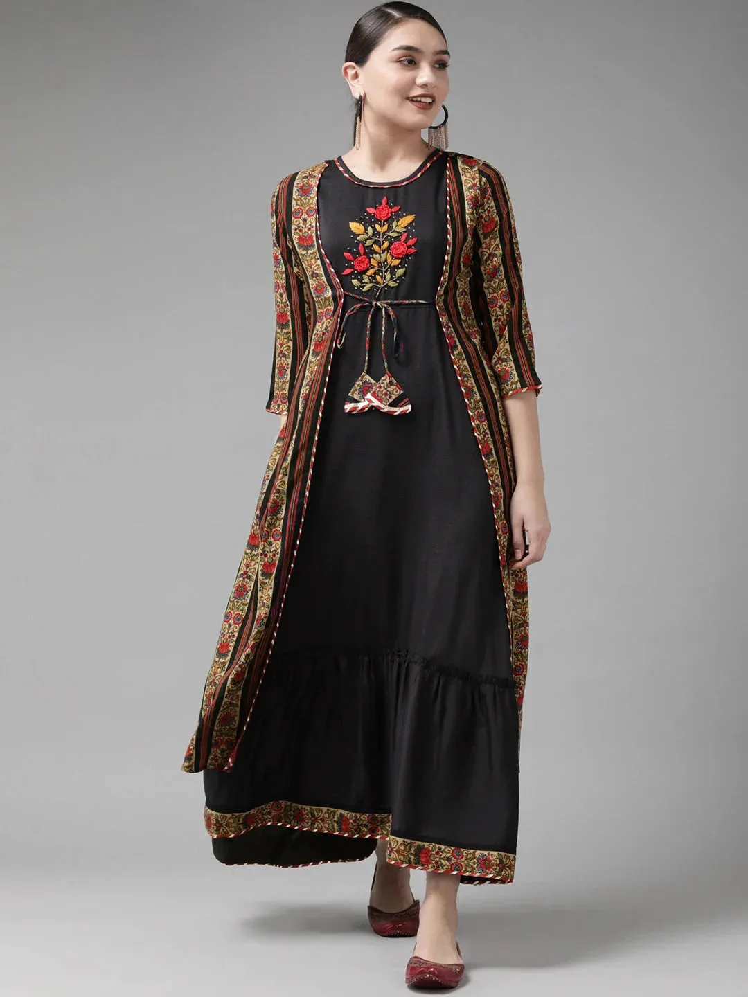 Black & Red Solid Embroidered Dress