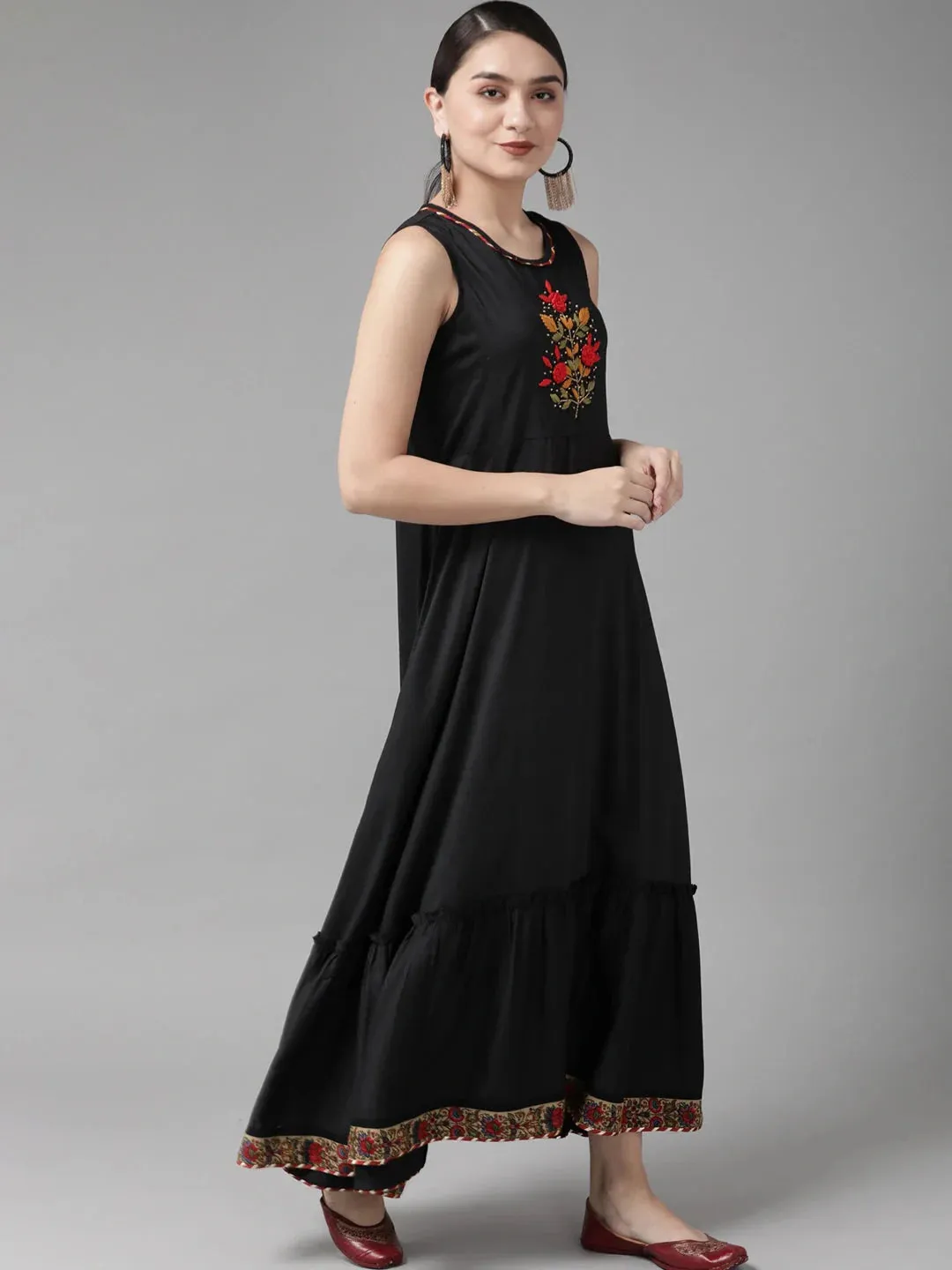 Black & Red Solid Embroidered Dress