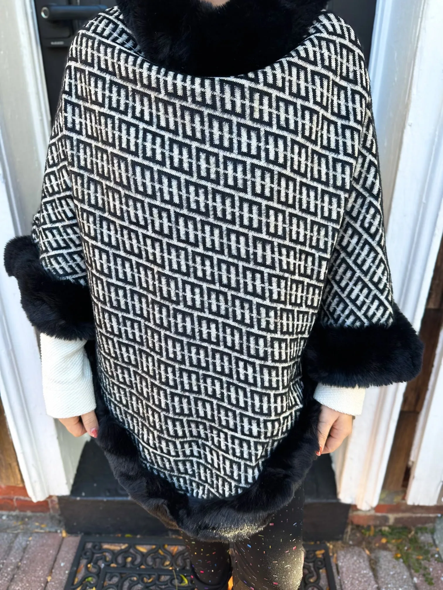 Black and Cream Faux Fur Poncho