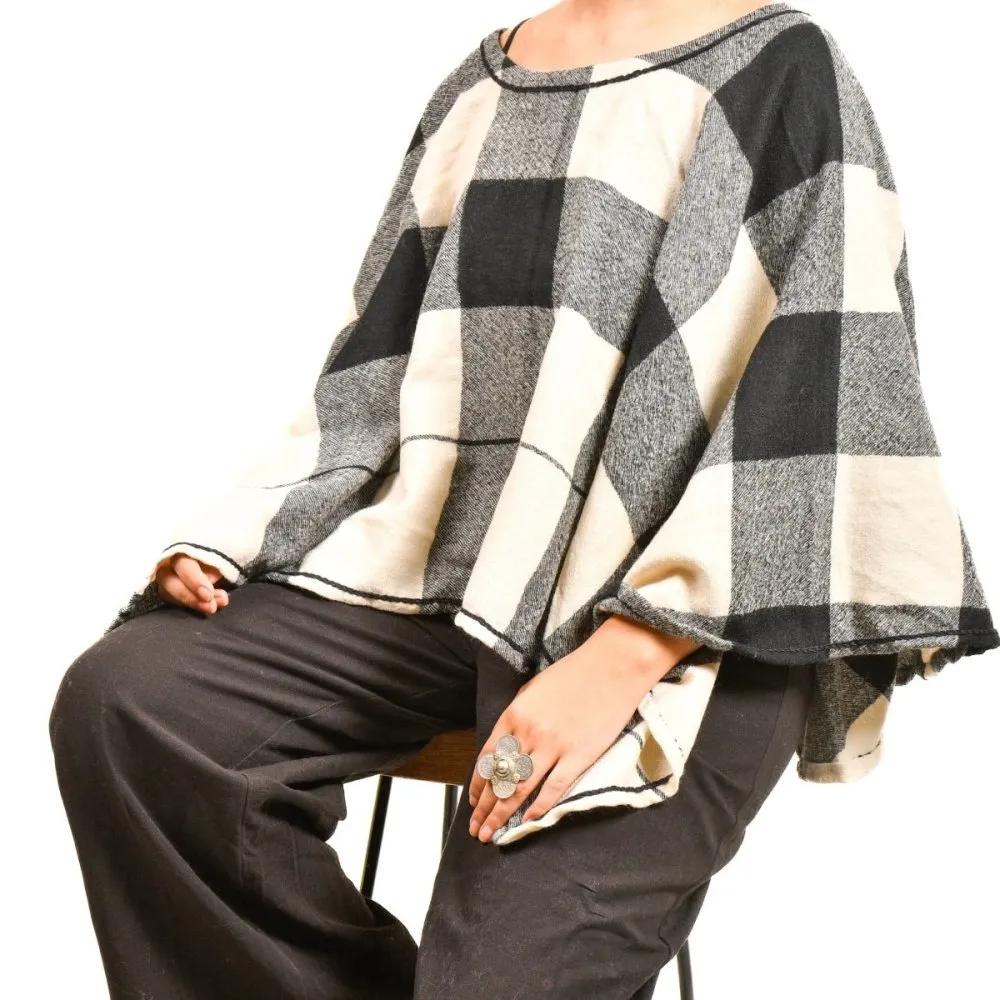 Black and White Chequered Merino Wool Cape