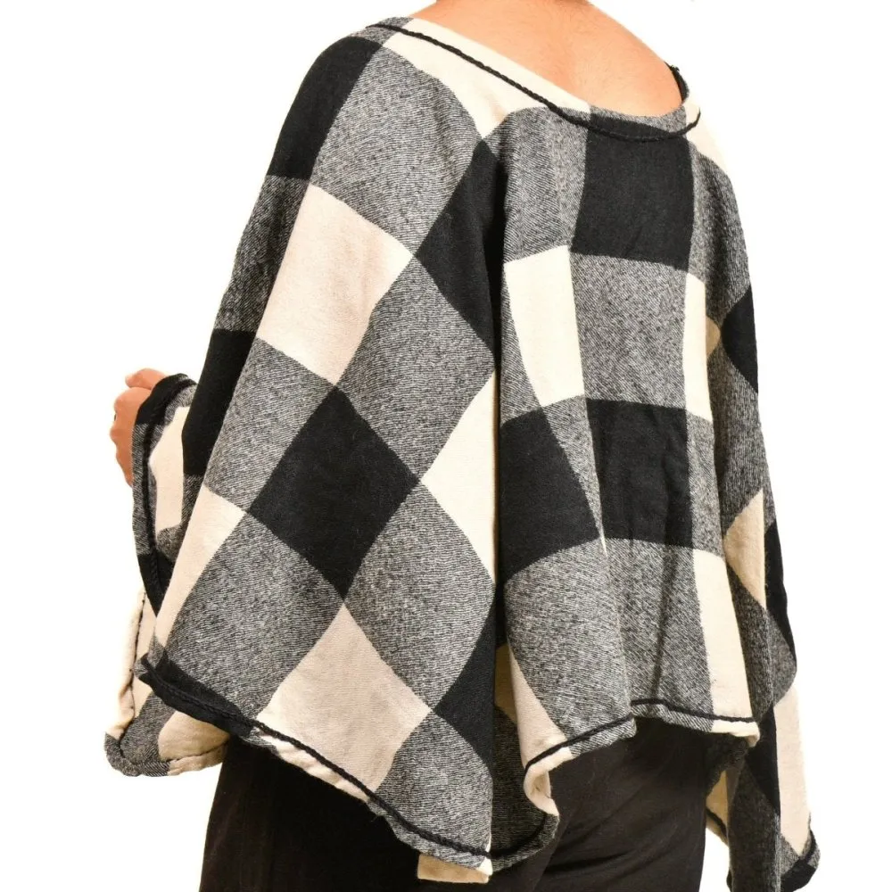 Black and White Chequered Merino Wool Cape