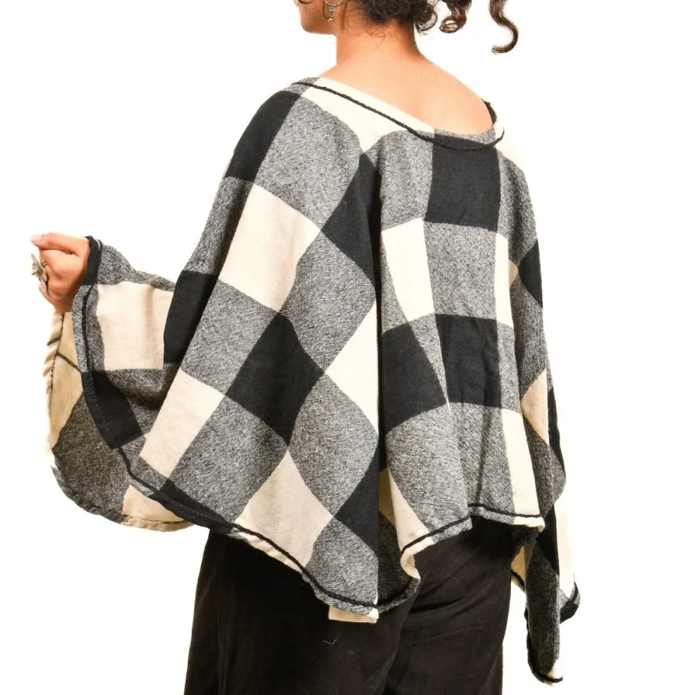 Black and White Chequered Merino Wool Cape