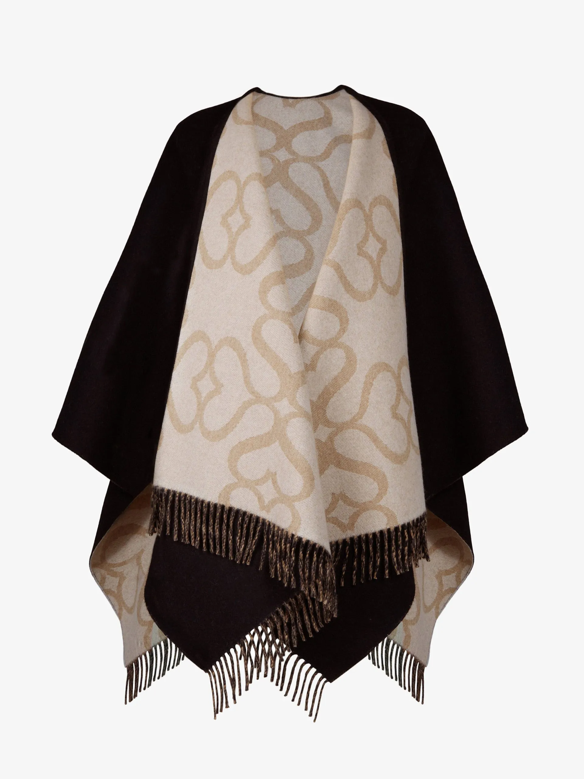 Black, camel, and vanilla monogram reversible cape