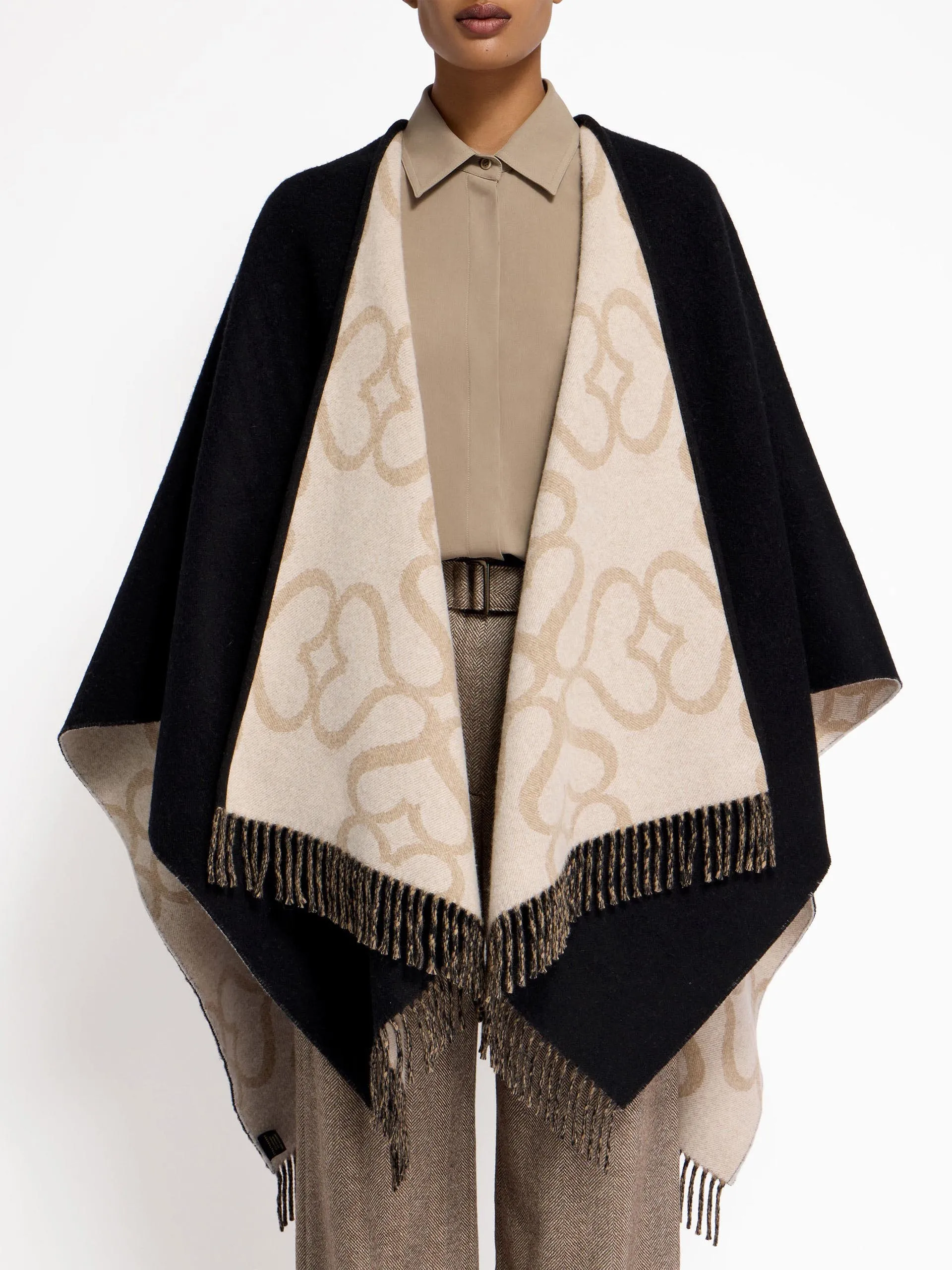 Black, camel, and vanilla monogram reversible cape