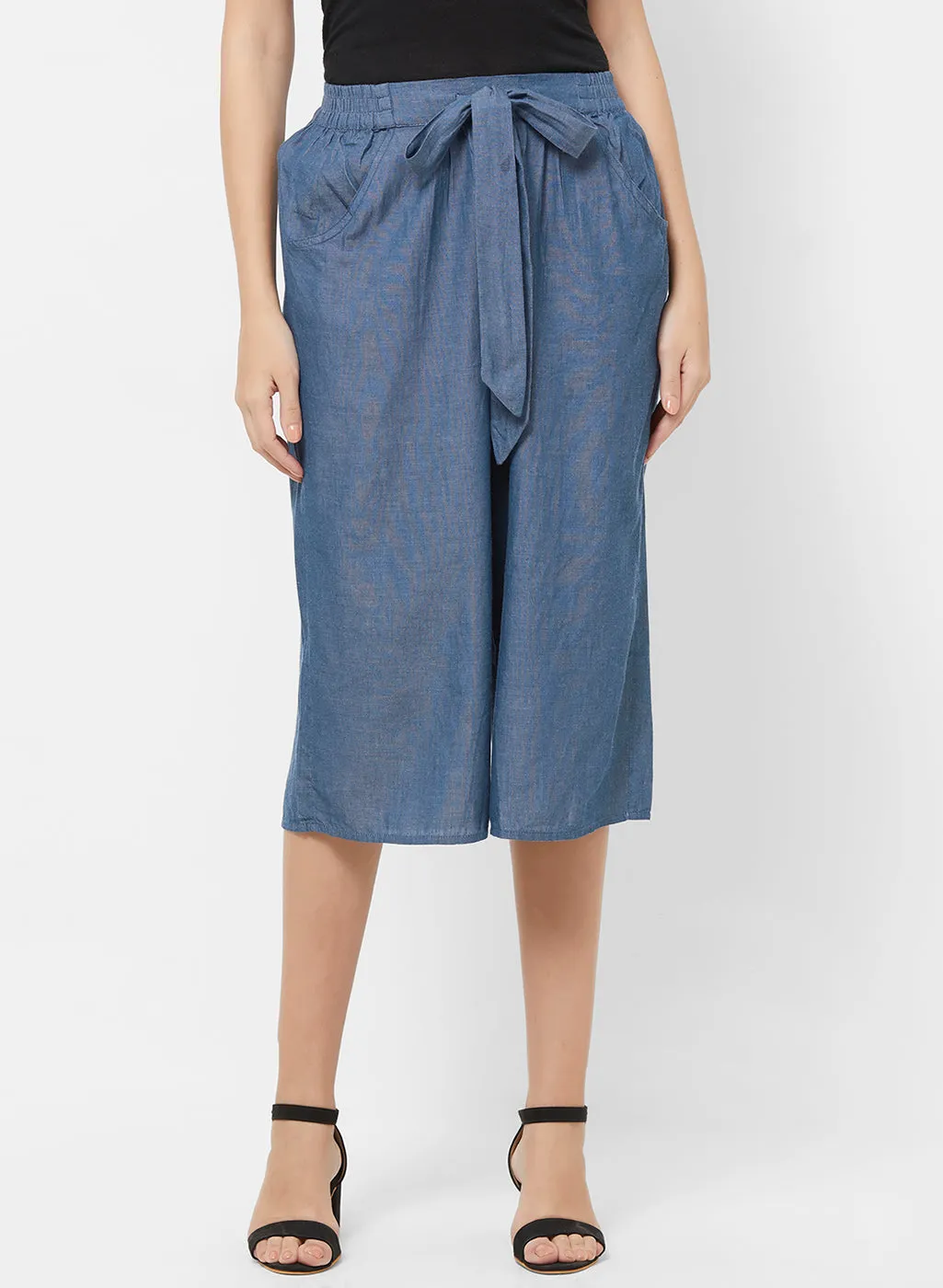 Blue Solid Culotte With Front Tie Up