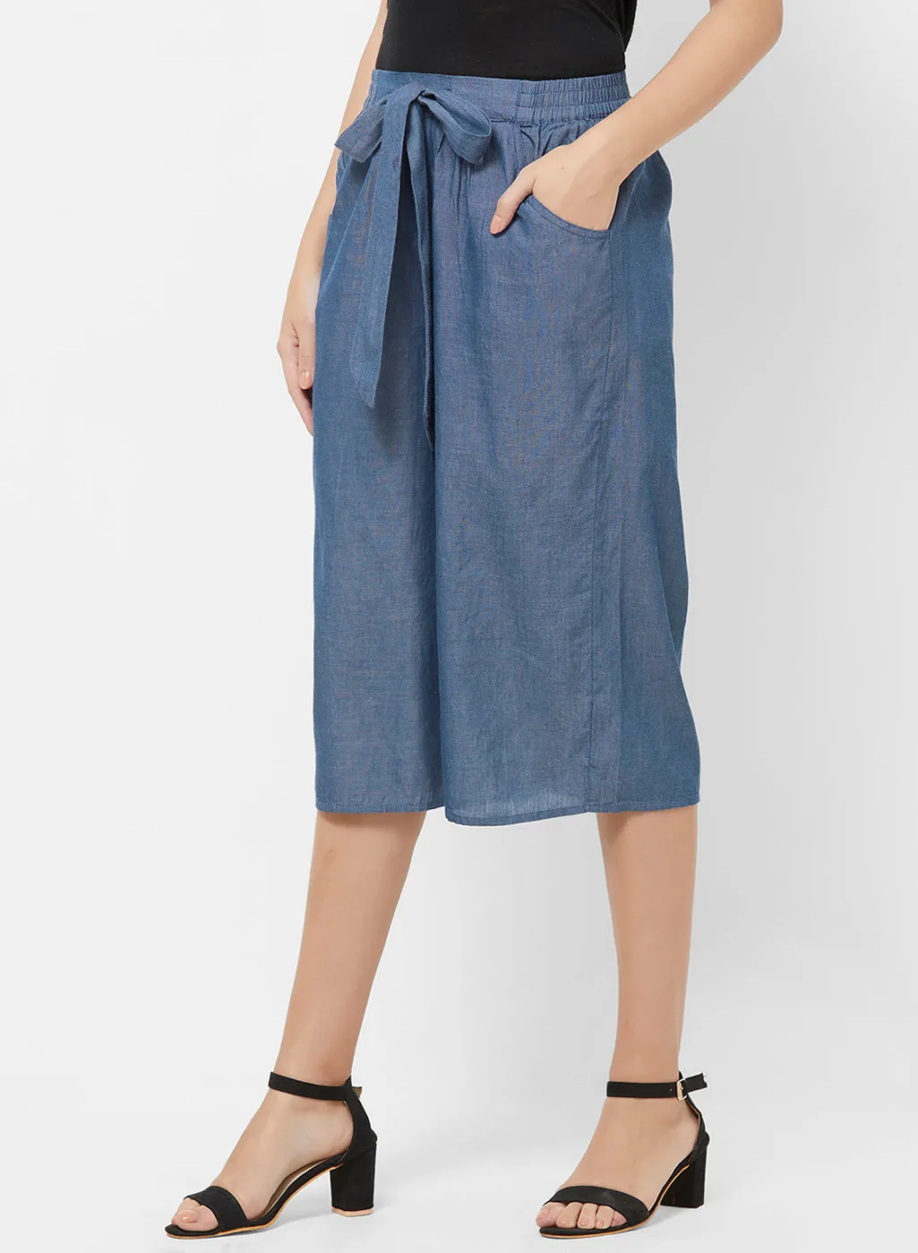 Blue Solid Culotte With Front Tie Up