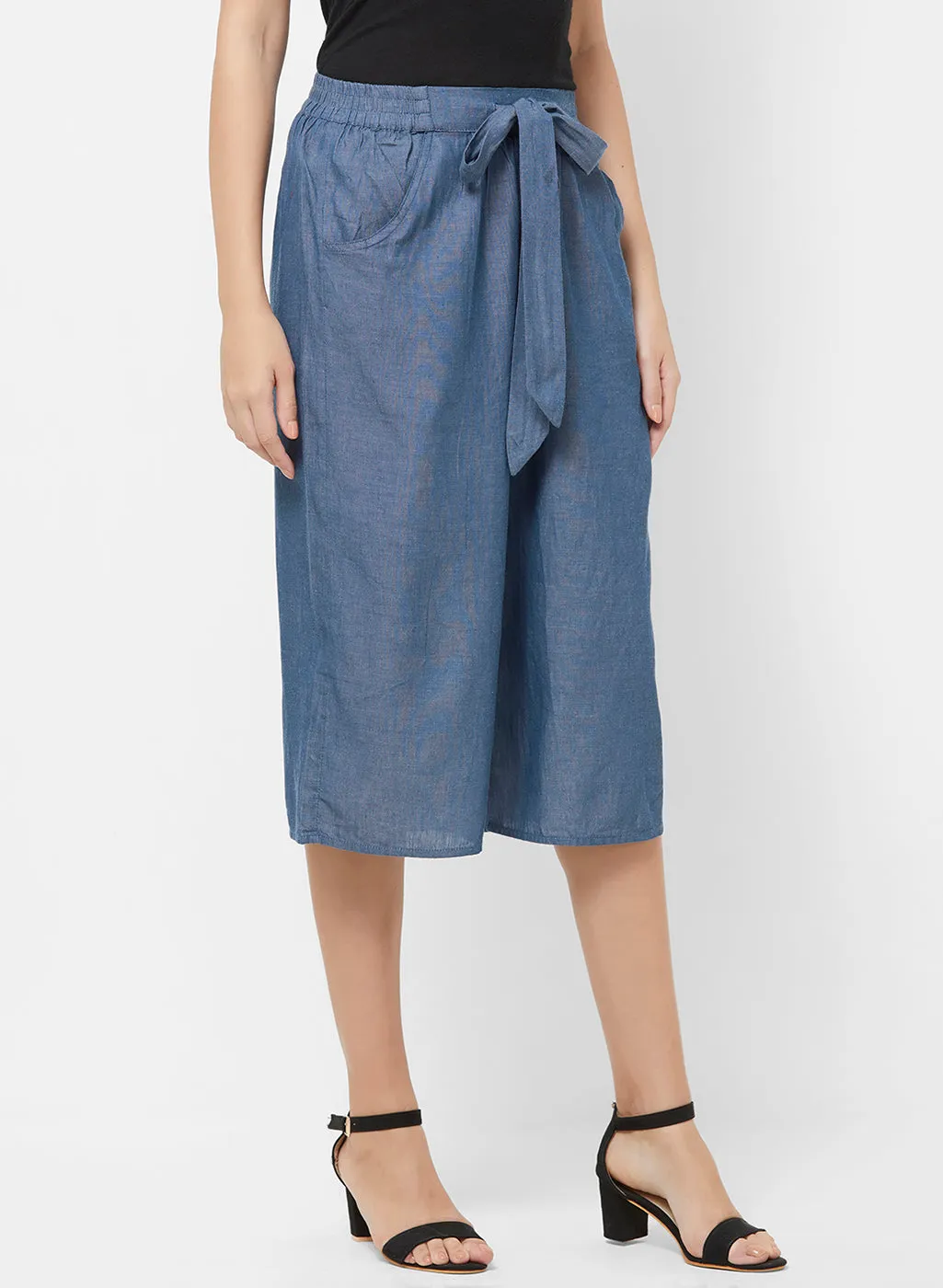 Blue Solid Culotte With Front Tie Up