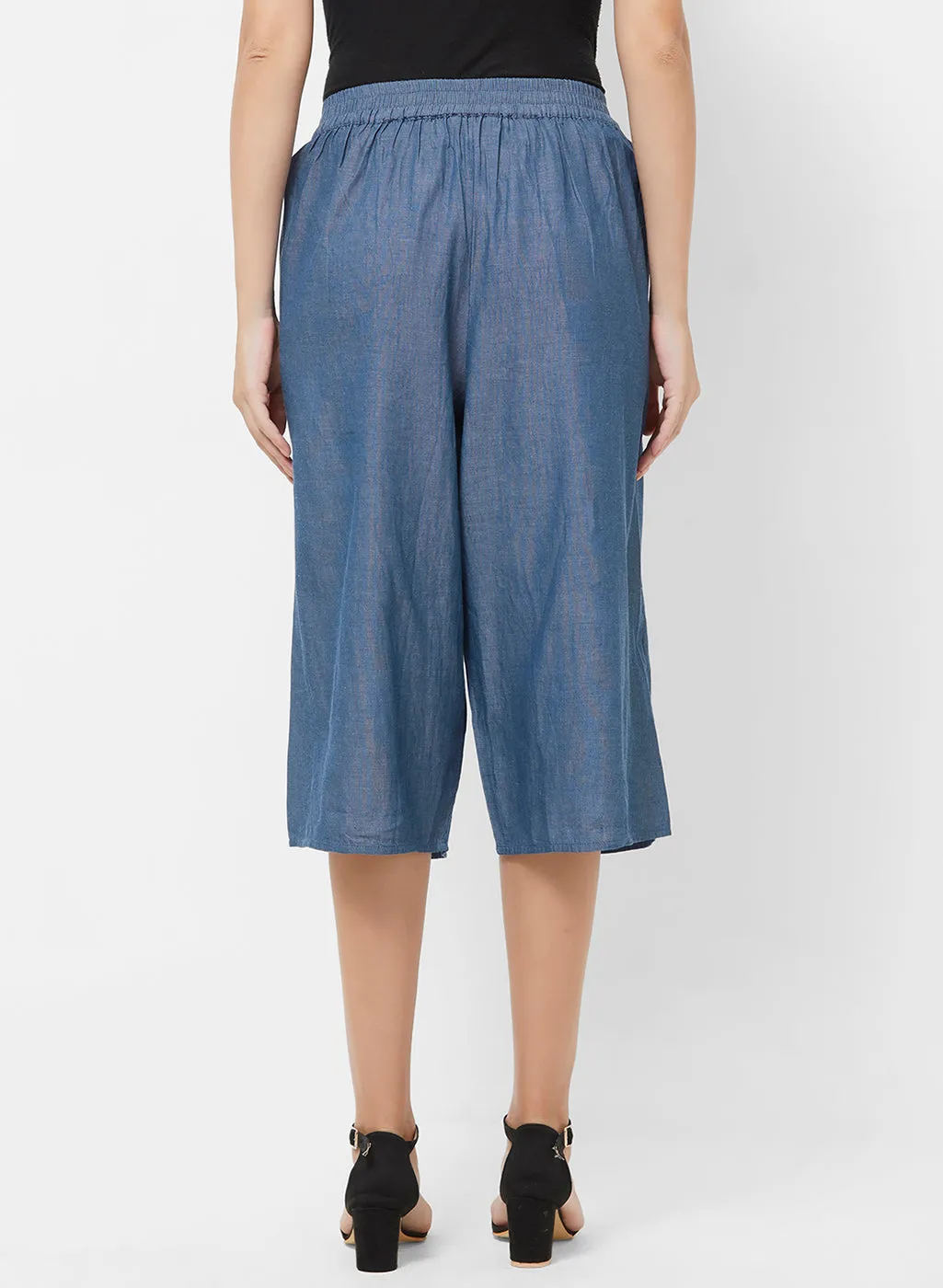 Blue Solid Culotte With Front Tie Up