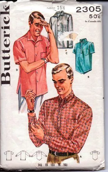 Butterick 2305 Mens Poncho Shirt Long Short Sleeves Vintage Sewing Pattern 1950's