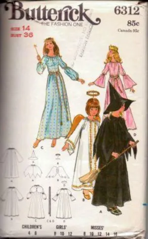 Butterick 6312 Witch Angel Fairy Princess Halloween Costume Vintage Sewing Pattern 1970's